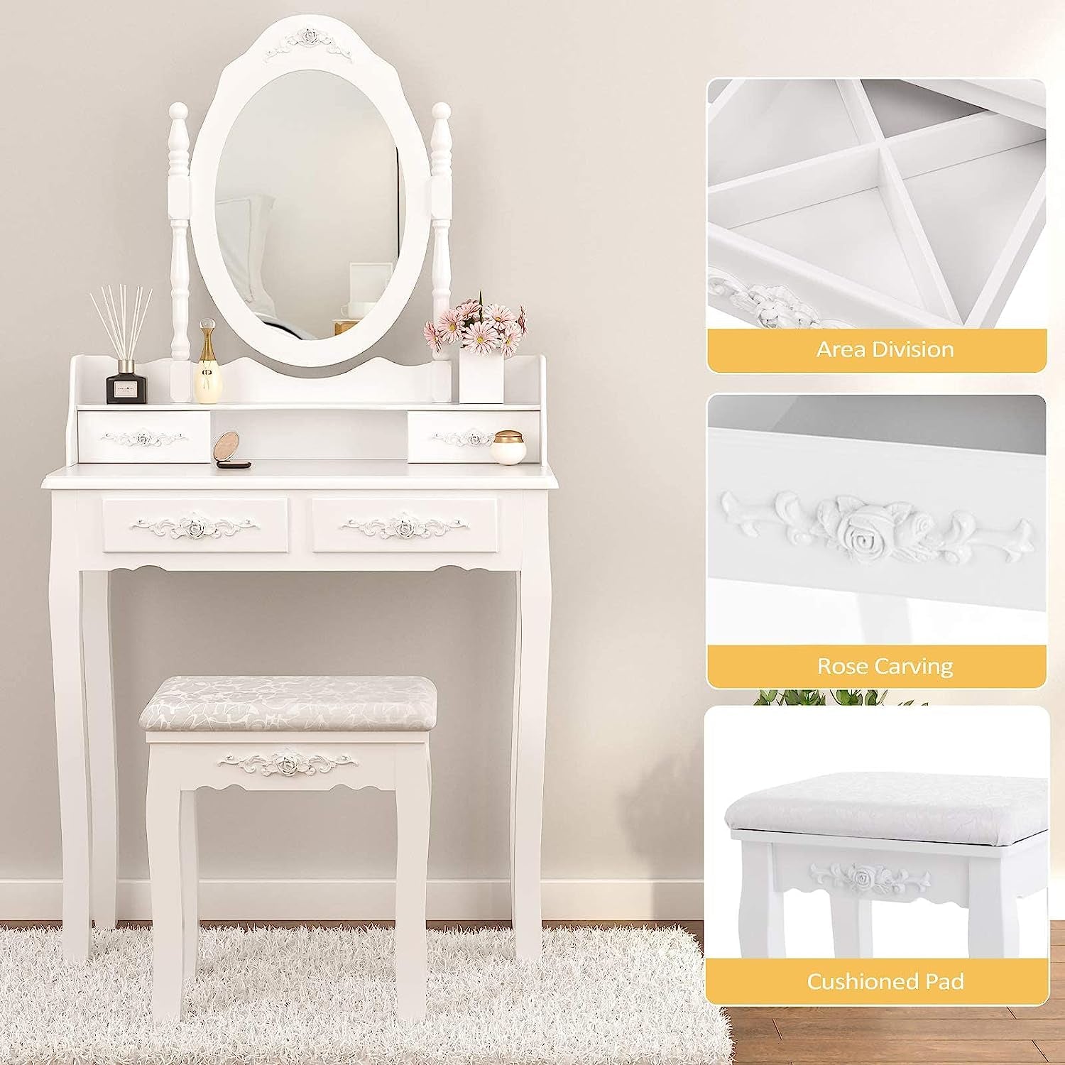 Wood Makeup Vanity Table Set With Detachable Mirror