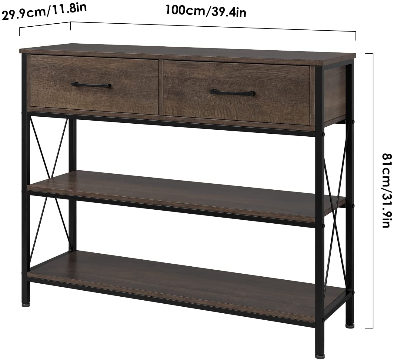 Industrial Dark Brown Sofa Table With Drawers And Shelves