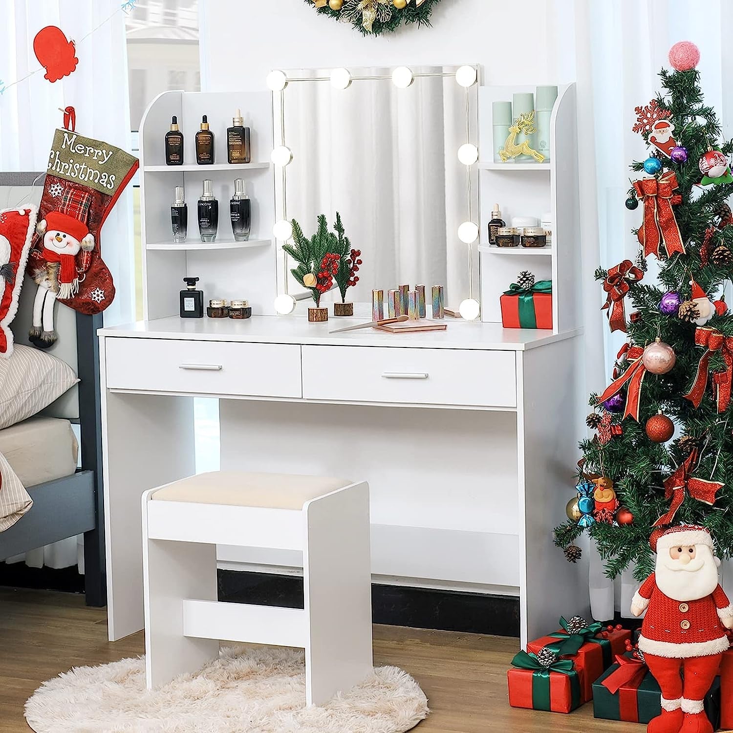 Vanity Set With 10 LED Lights White For Bedroom Makeup