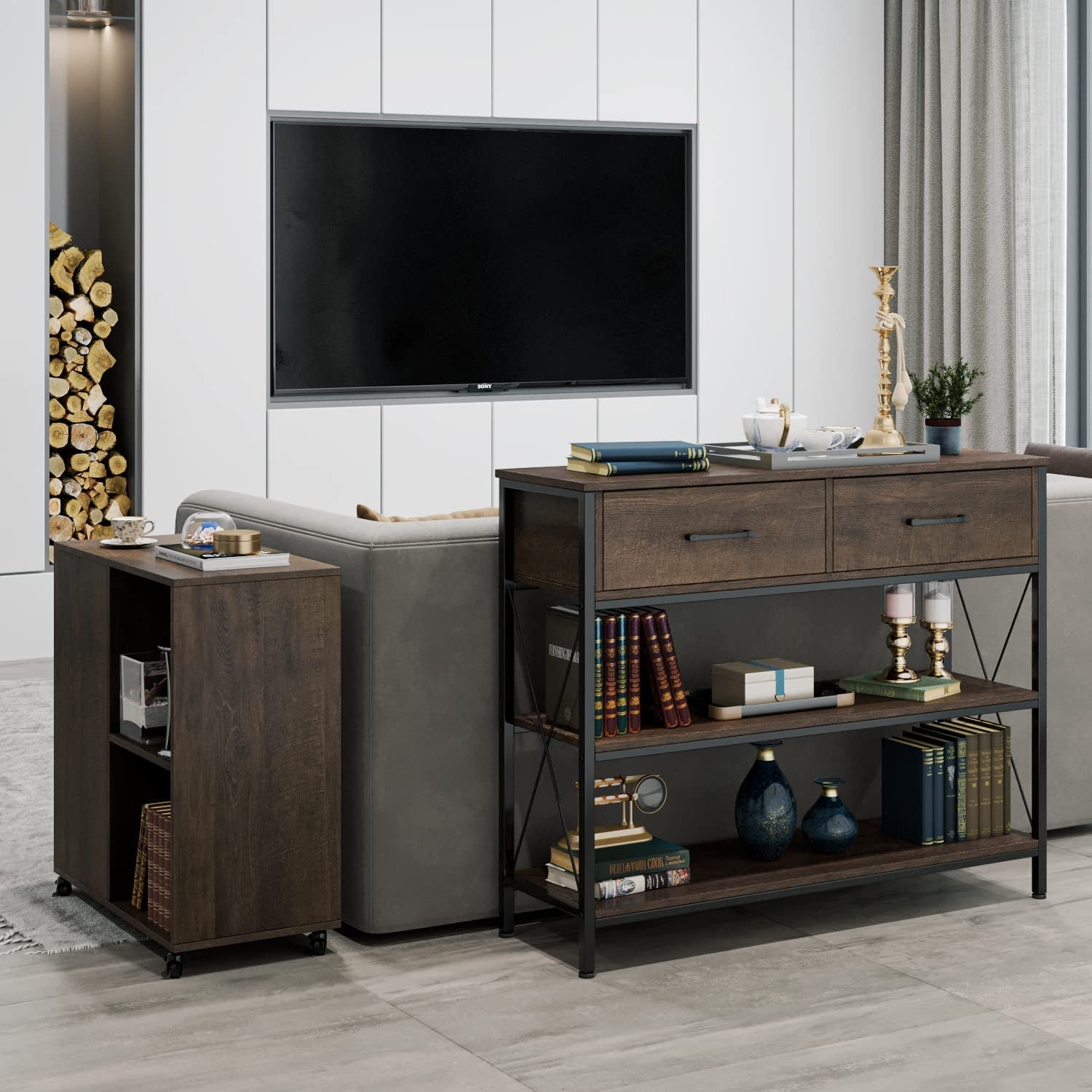 Industrial Dark Brown Sofa Table With Drawers And Shelves