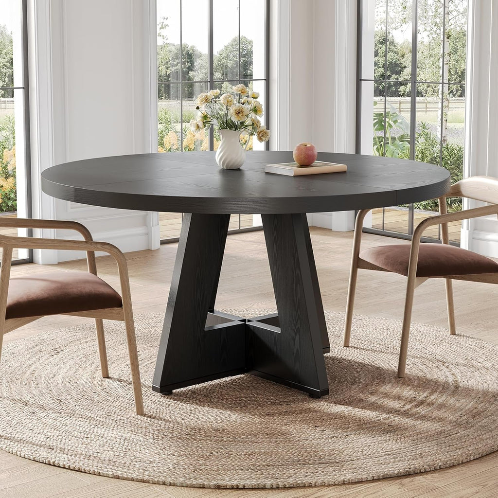 47 Inch Round Dining Table Black With Wooden Pedestal Base