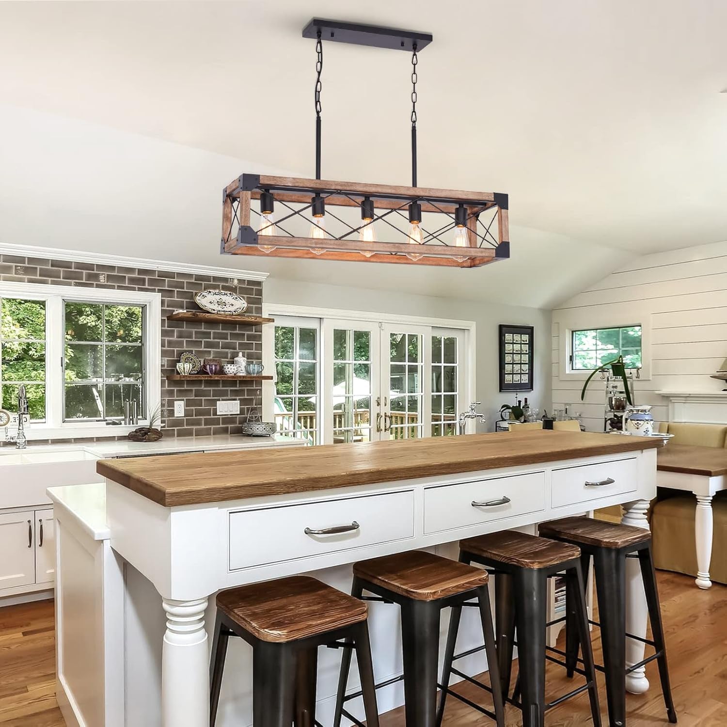 Farmhouse 5 Light Kitchen Island Chandelier With Solid Wood