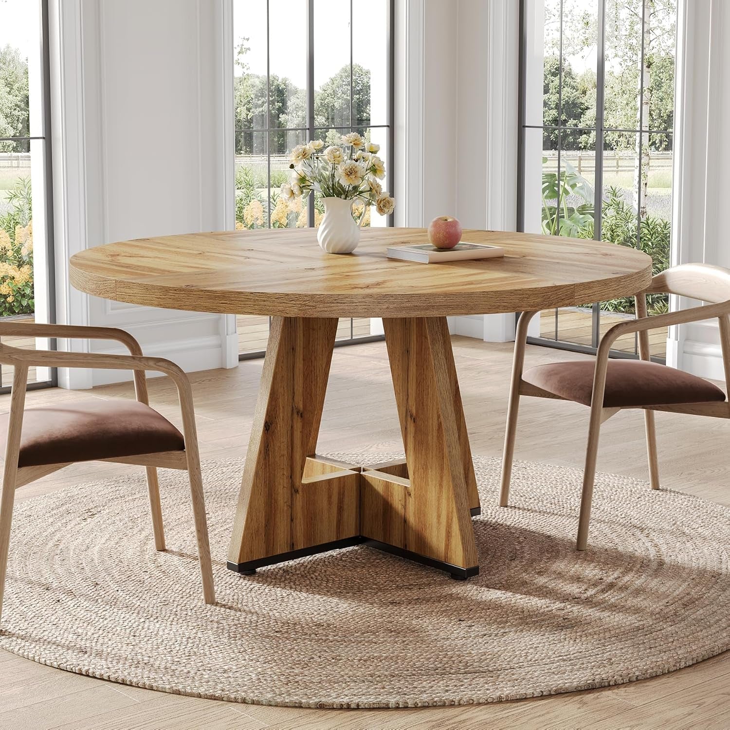 Round Dining Table 47 Inch For 4 To 6 With Wooden Pedestal