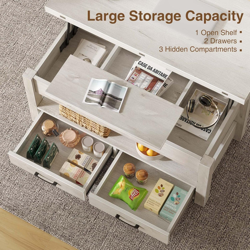 Grey Lift Top Coffee Table With Drawers Hidden Compartment