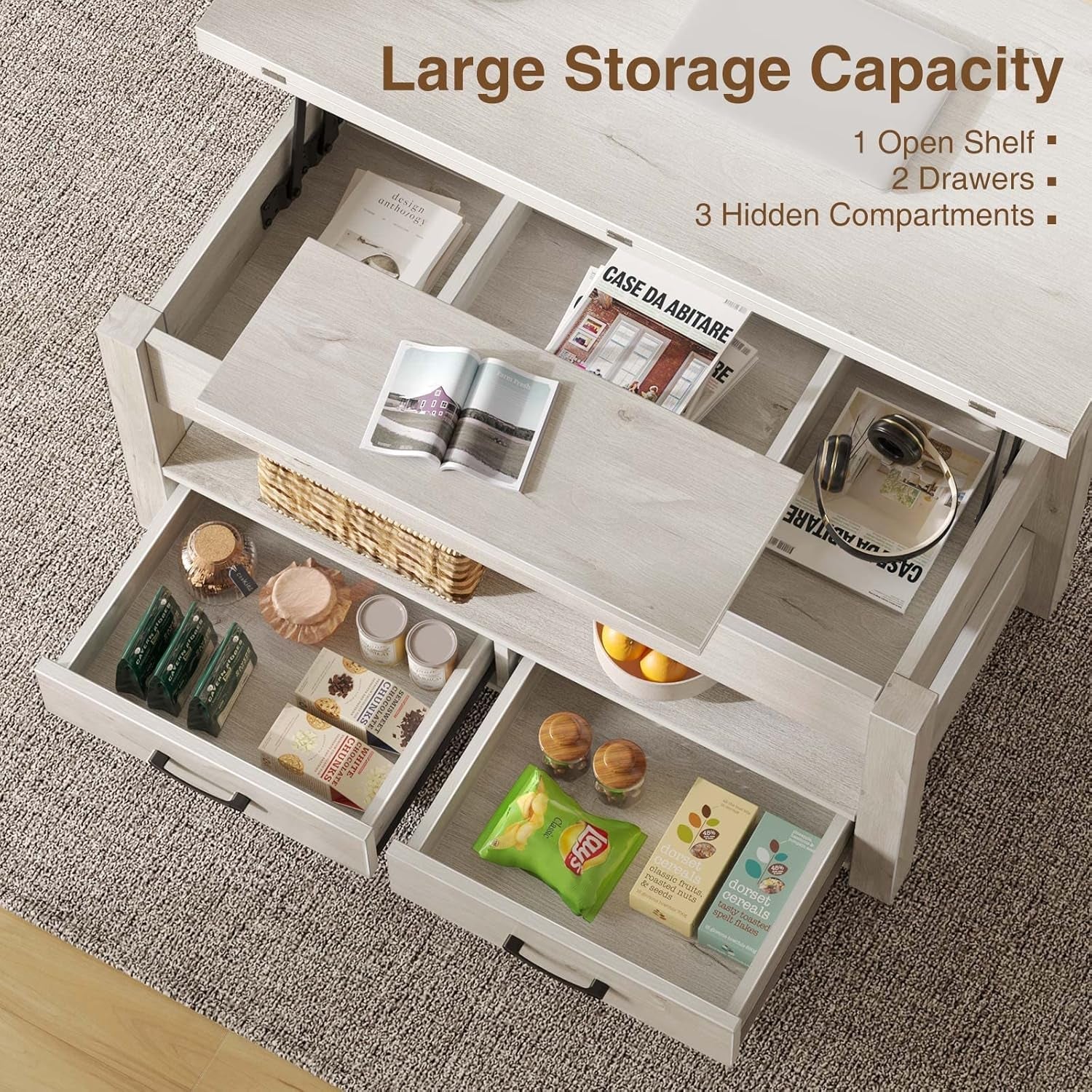 Grey Lift Top Coffee Table With Drawers Hidden Compartment