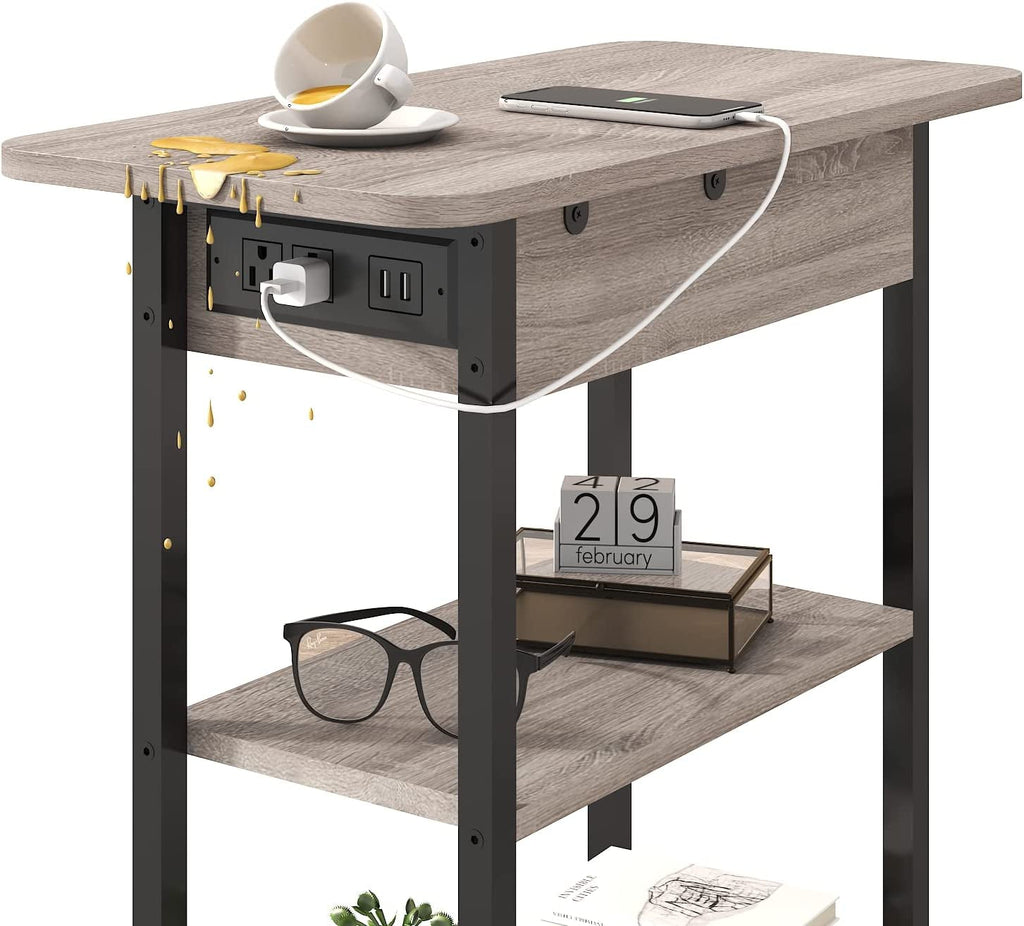 End Table With Vertical Charging Station And USB Outlets Greige
