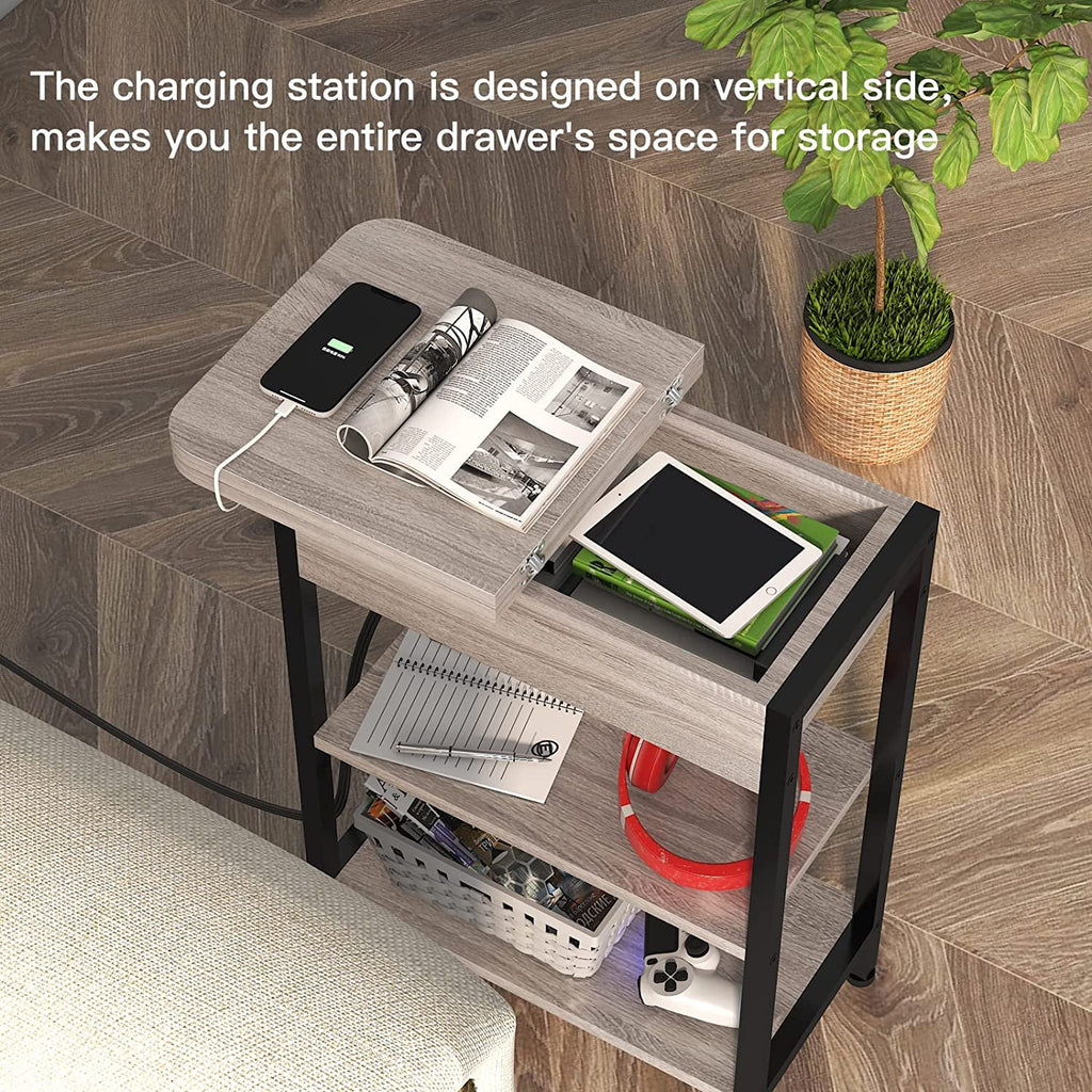 End Table With Vertical Charging Station And USB Outlets Greige