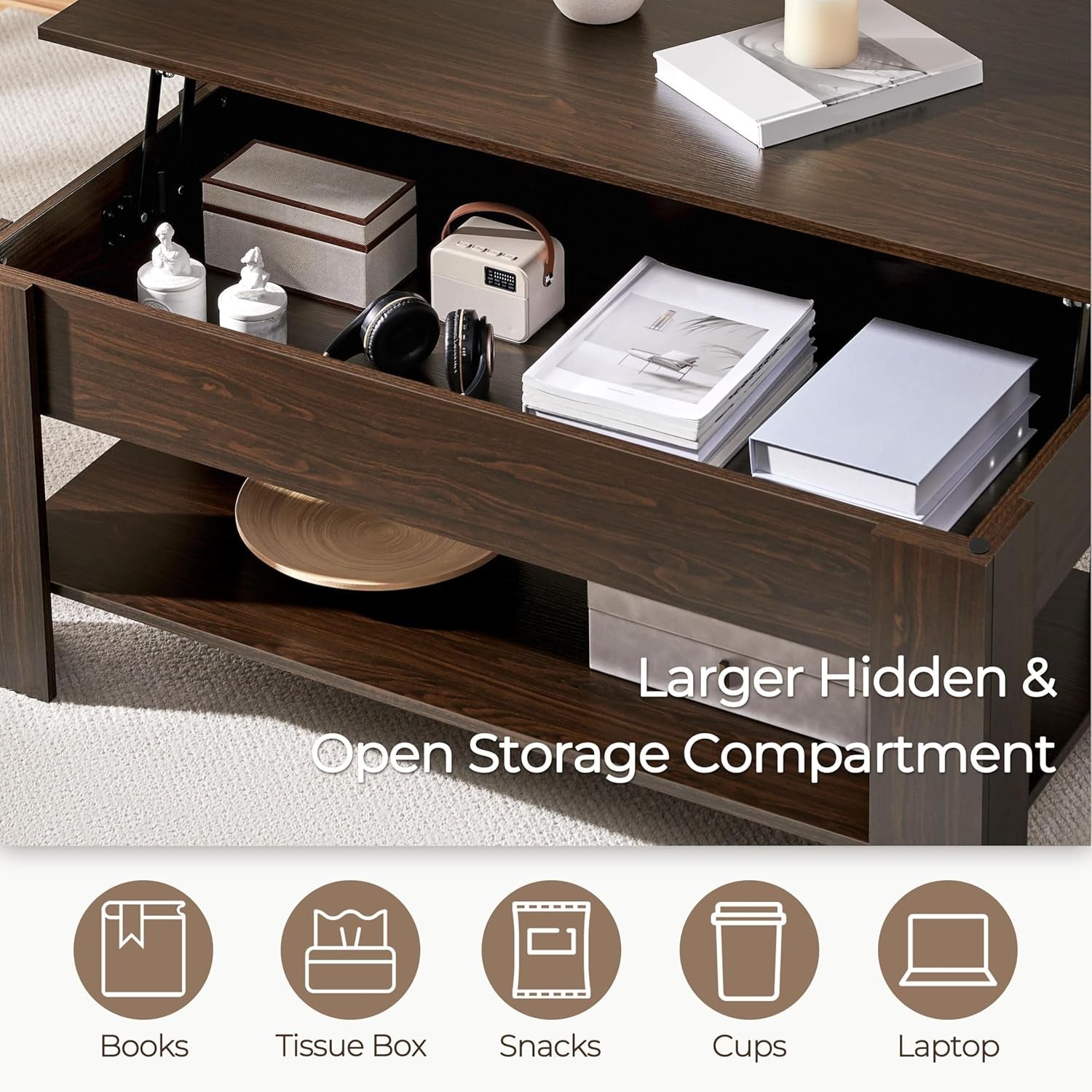 Espresso Lift Top Coffee Table With Hidden Compartment