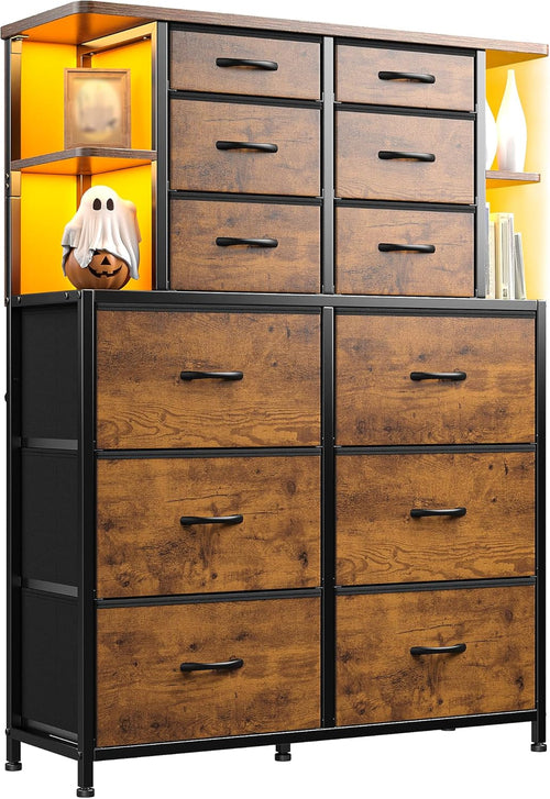 Bedroom Dresser With LED Lights 12 Drawers Rustic Brown