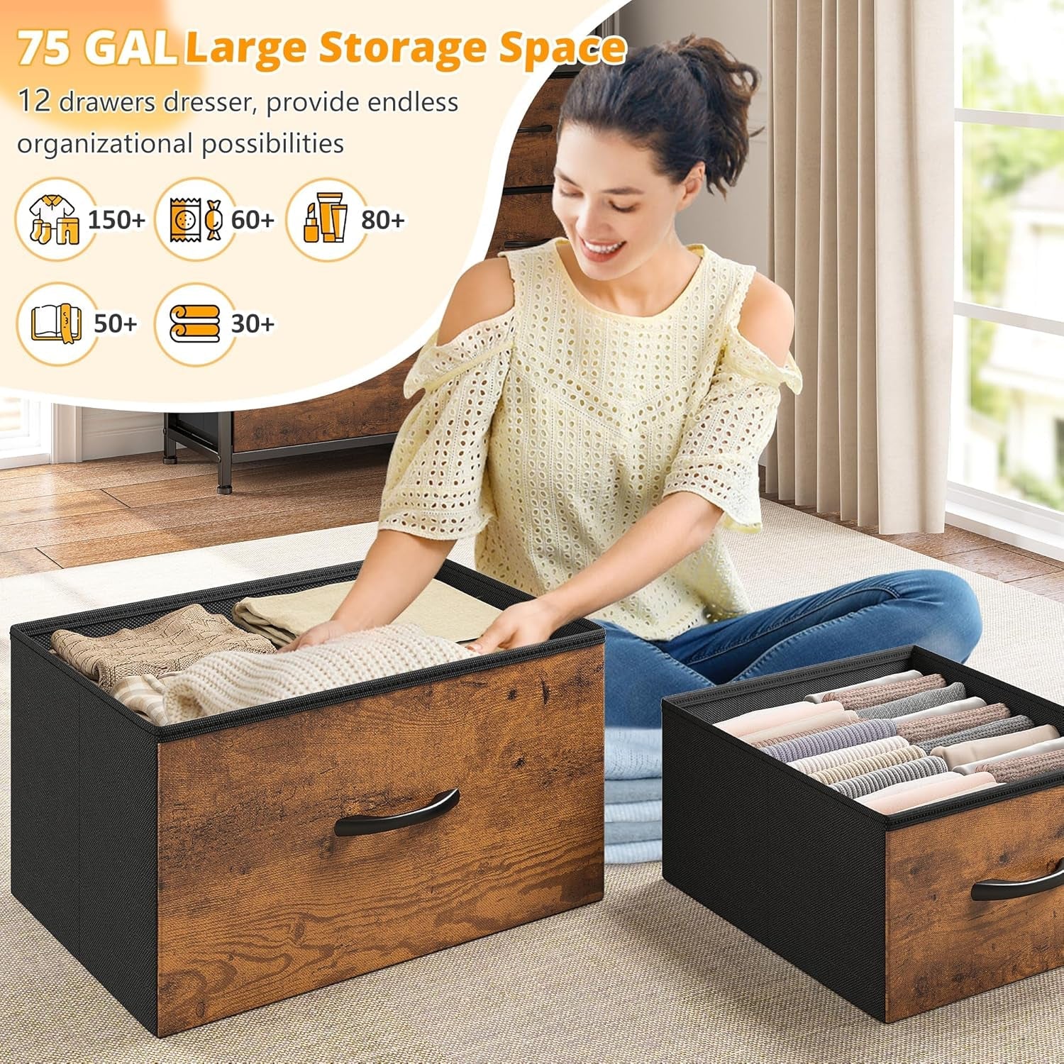 Bedroom Dresser With LED Lights 12 Drawers Rustic Brown