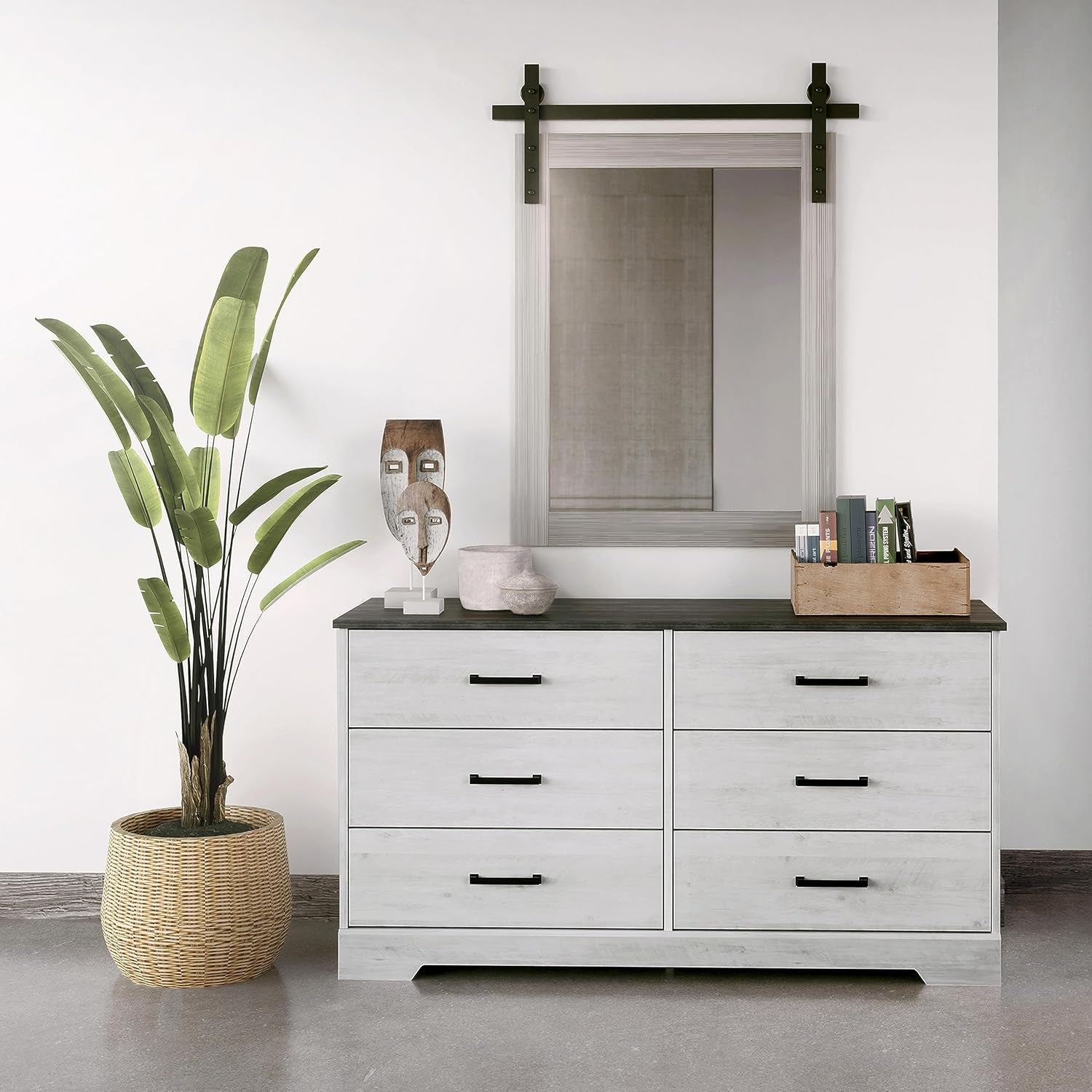 Commode de ferme blanche lavée 6 tiroirs Coffre 53 pouces de large