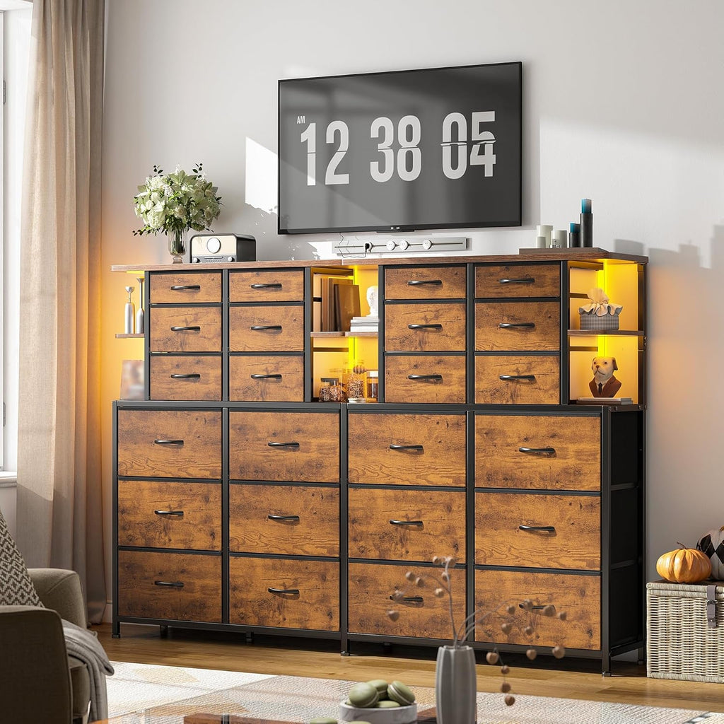 Bedroom Dresser With LED Lights 12 Drawers Rustic Brown