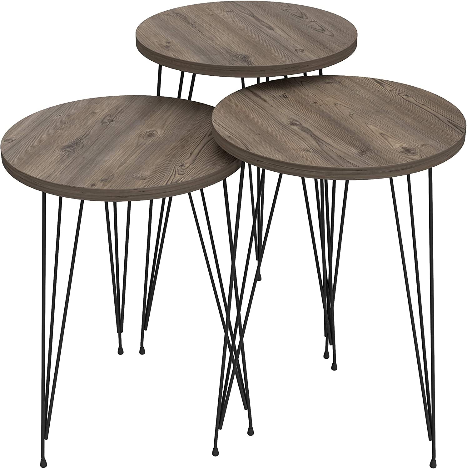 Grey Pine Wood Round Nesting End Tables Set Of 3 With Metal Frame