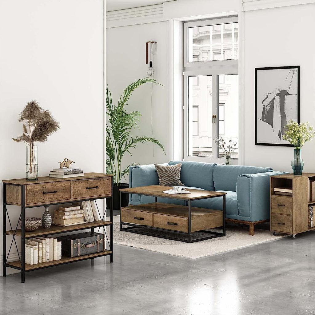 Console industrielle marron rustique avec étagères de rangement