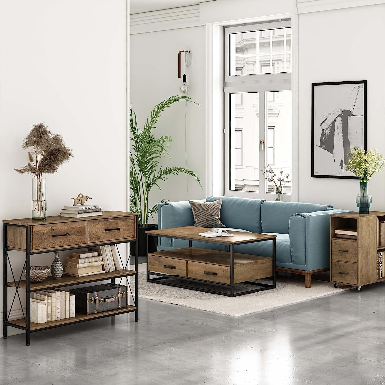 Console industrielle marron rustique avec étagères de rangement