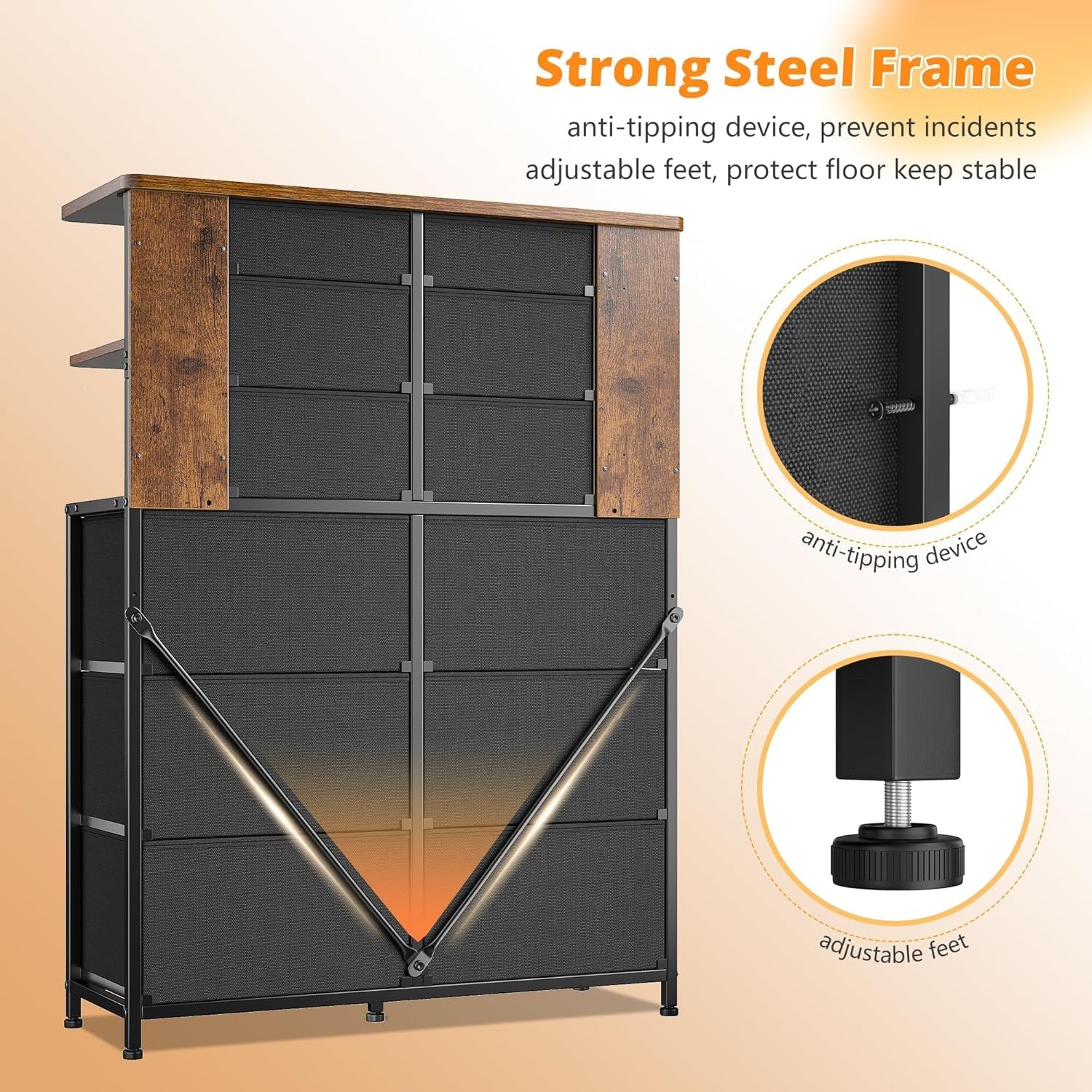 Bedroom Dresser With LED Lights 12 Drawers Rustic Brown