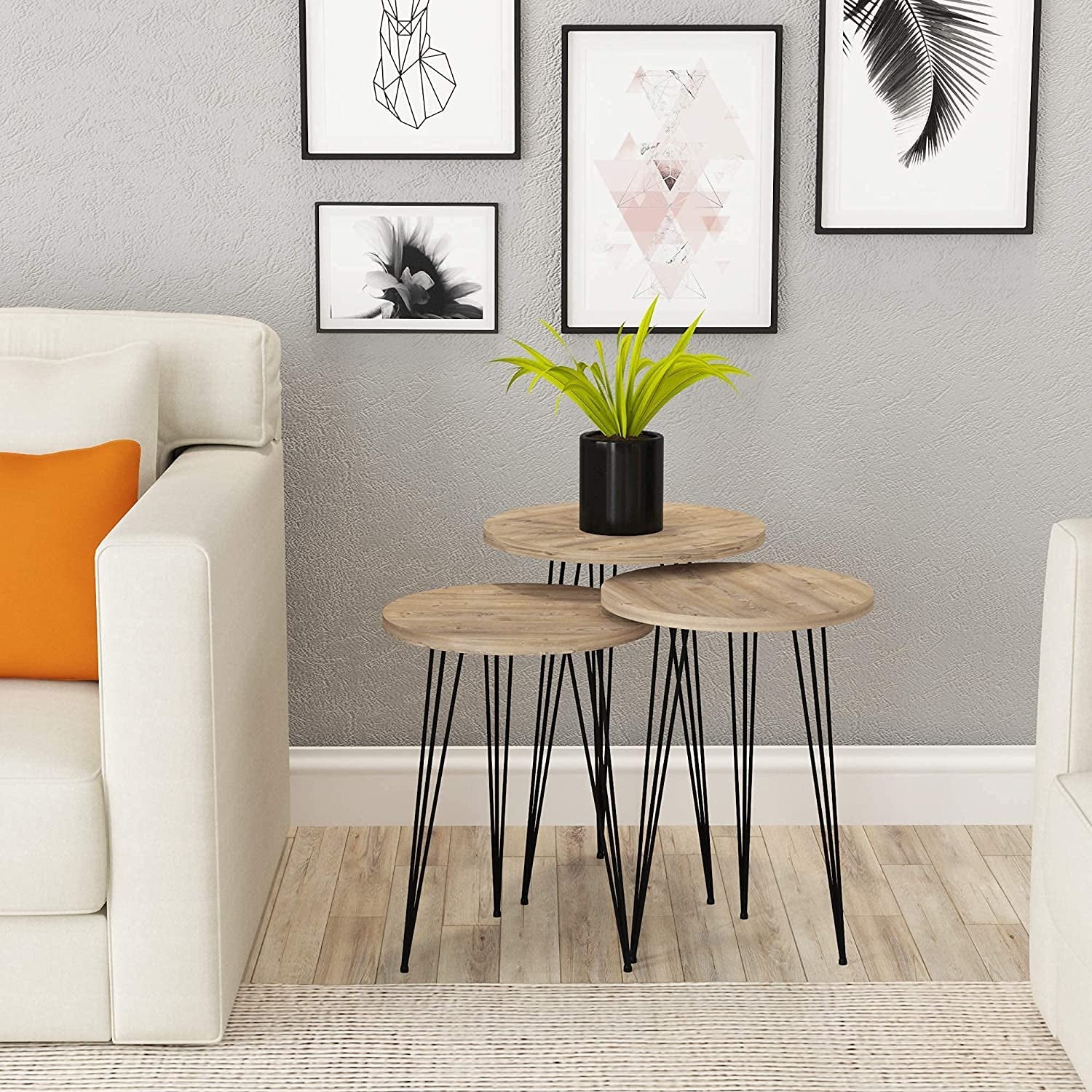 Grey Pine Wood Round Nesting End Tables Set Of 3 With Metal Frame