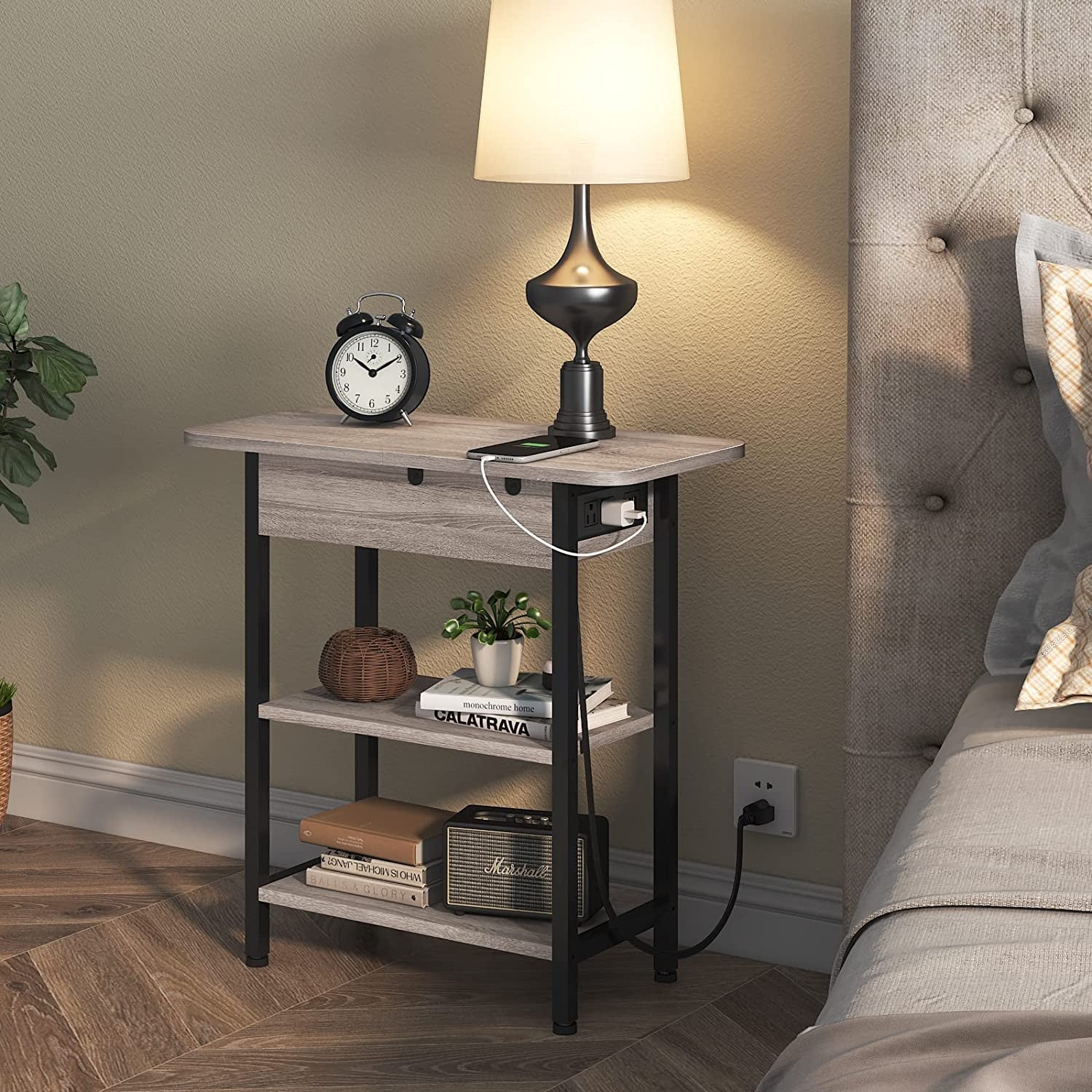 End Table With Vertical Charging Station And USB Outlets Greige