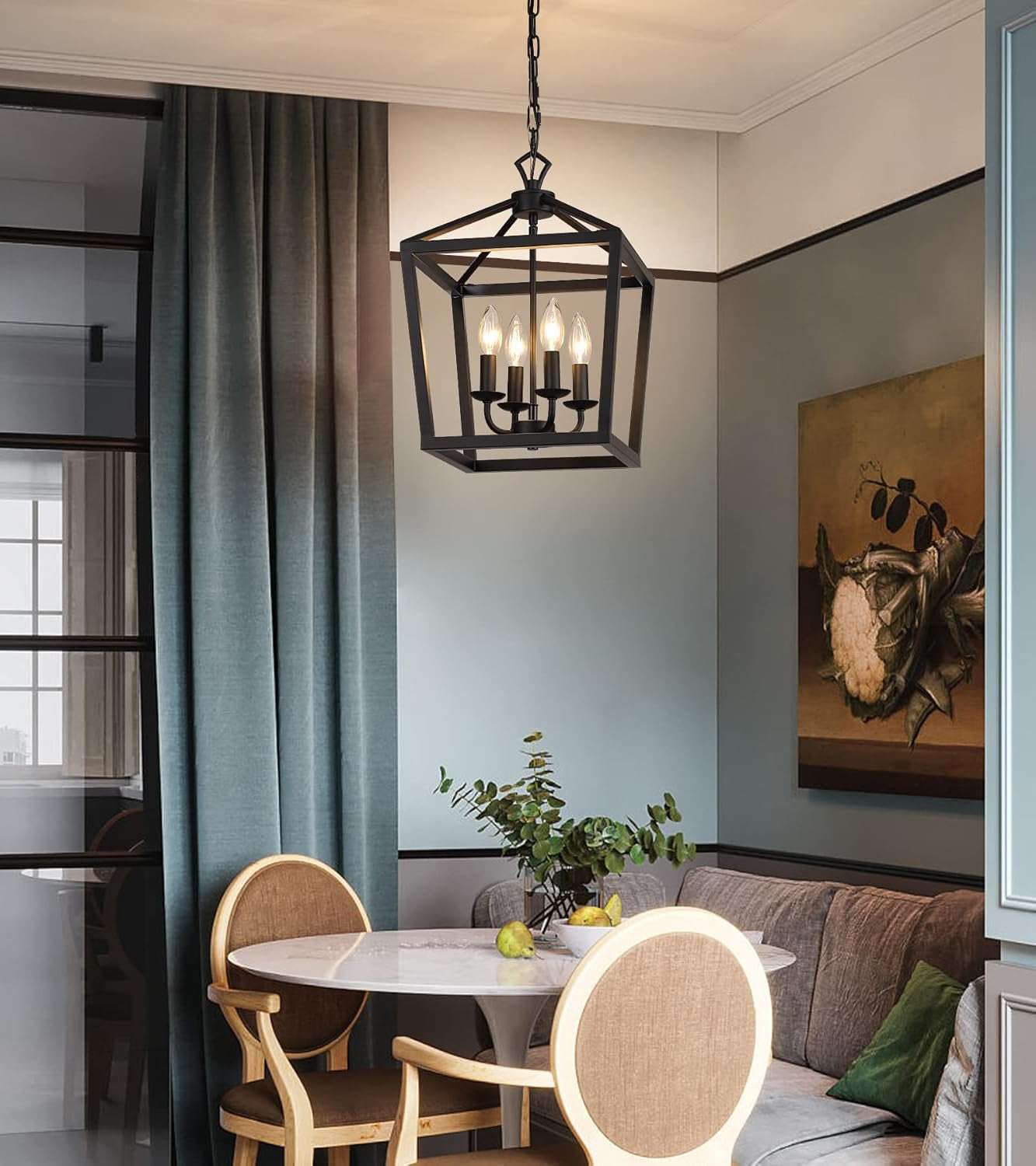 Rustic Black Lantern Chandelier 4 Light Fixture For Kitchen