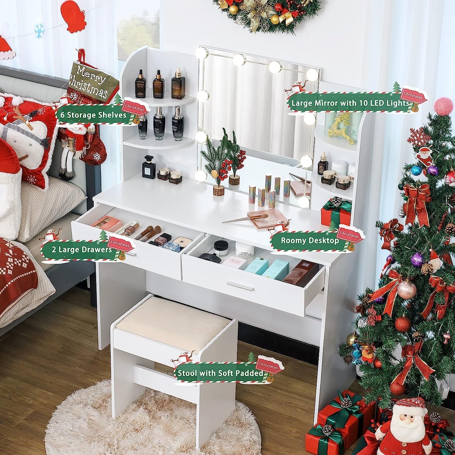 Vanity Set With 10 LED Lights White For Bedroom Makeup