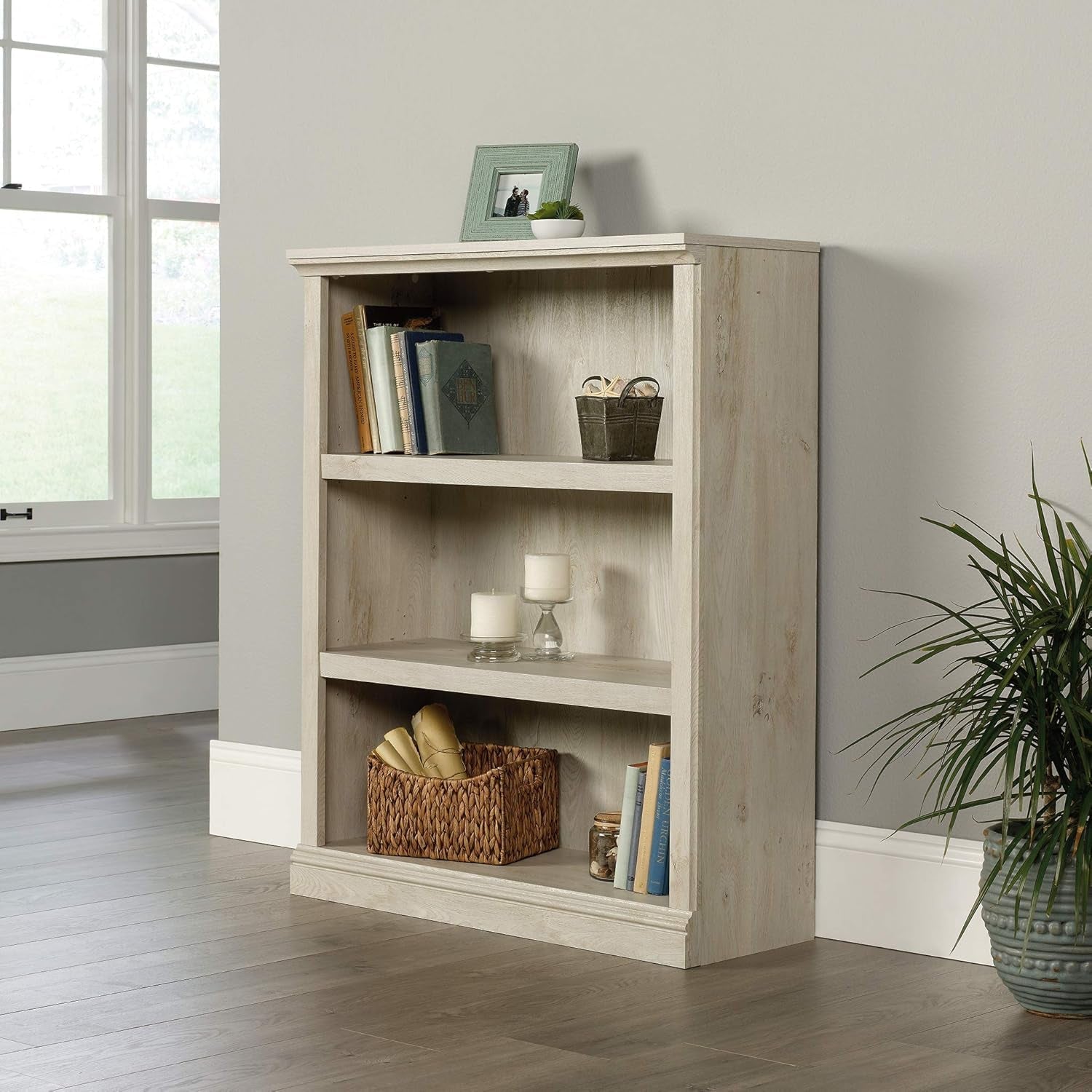Three Shelf Bookcase Chalked Chestnut Finish With Adjustable Shelves