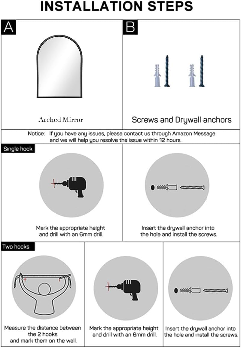 Black Arched Wall Mirror 42x24 Inches With Iron Frame