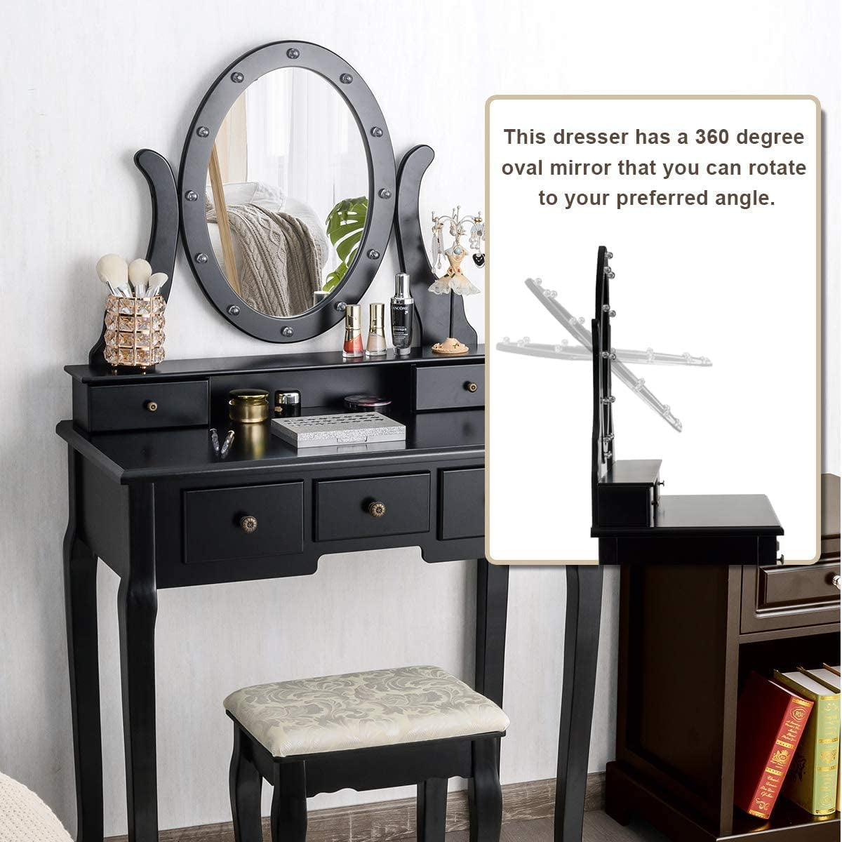 Black Vanity Dressing Table Set With Rotating LED Mirror