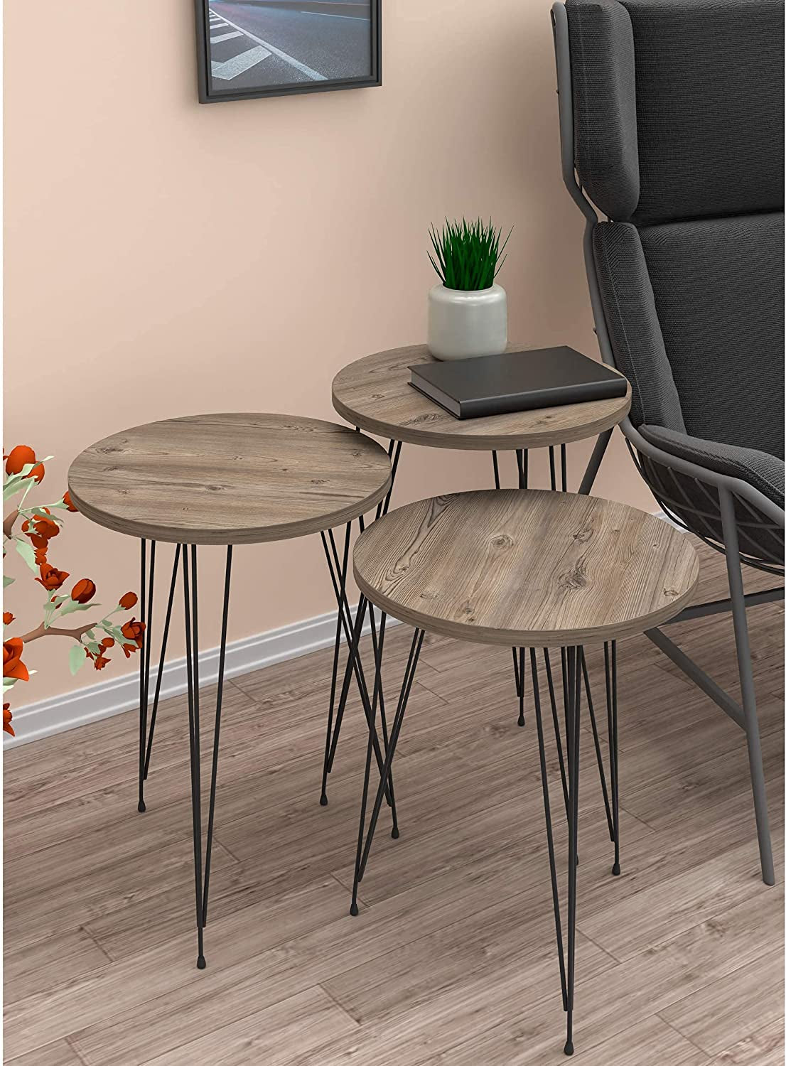 Grey Pine Wood Round Nesting End Tables Set Of 3 With Metal Frame