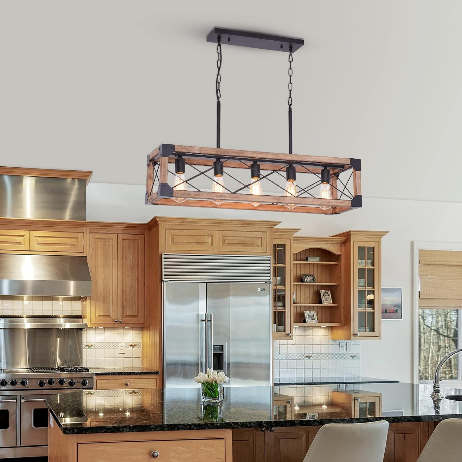Farmhouse 5 Light Kitchen Island Chandelier With Solid Wood