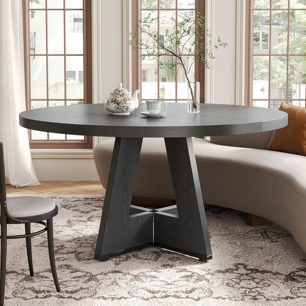 47 Inch Round Dining Table Black With Wooden Pedestal Base