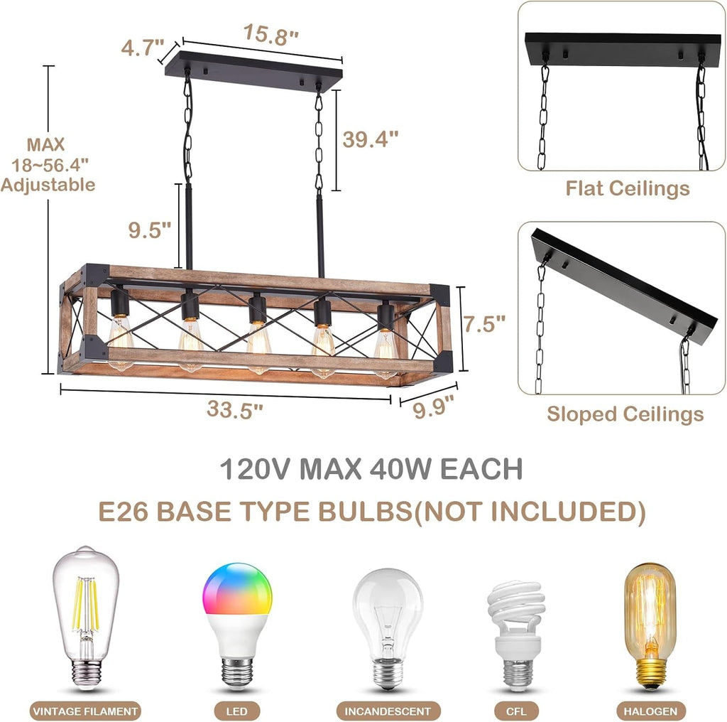 Farmhouse 5 Light Kitchen Island Chandelier With Solid Wood