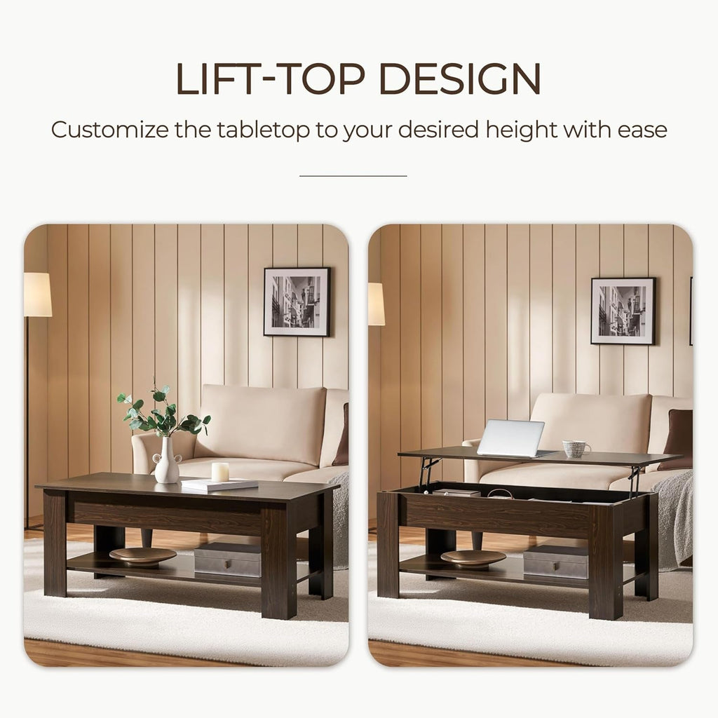 Espresso Lift Top Coffee Table With Hidden Compartment
