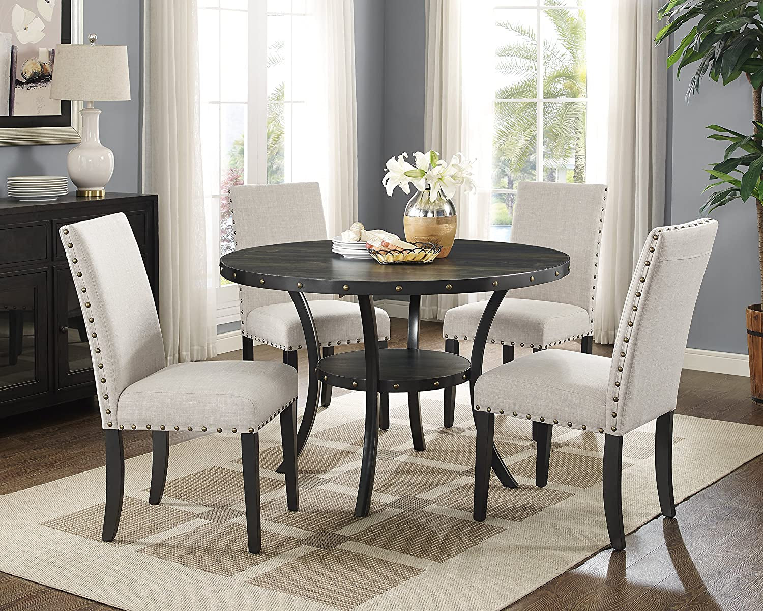 Tan Fabric Nailhead Dining Set 5 Piece Round Table