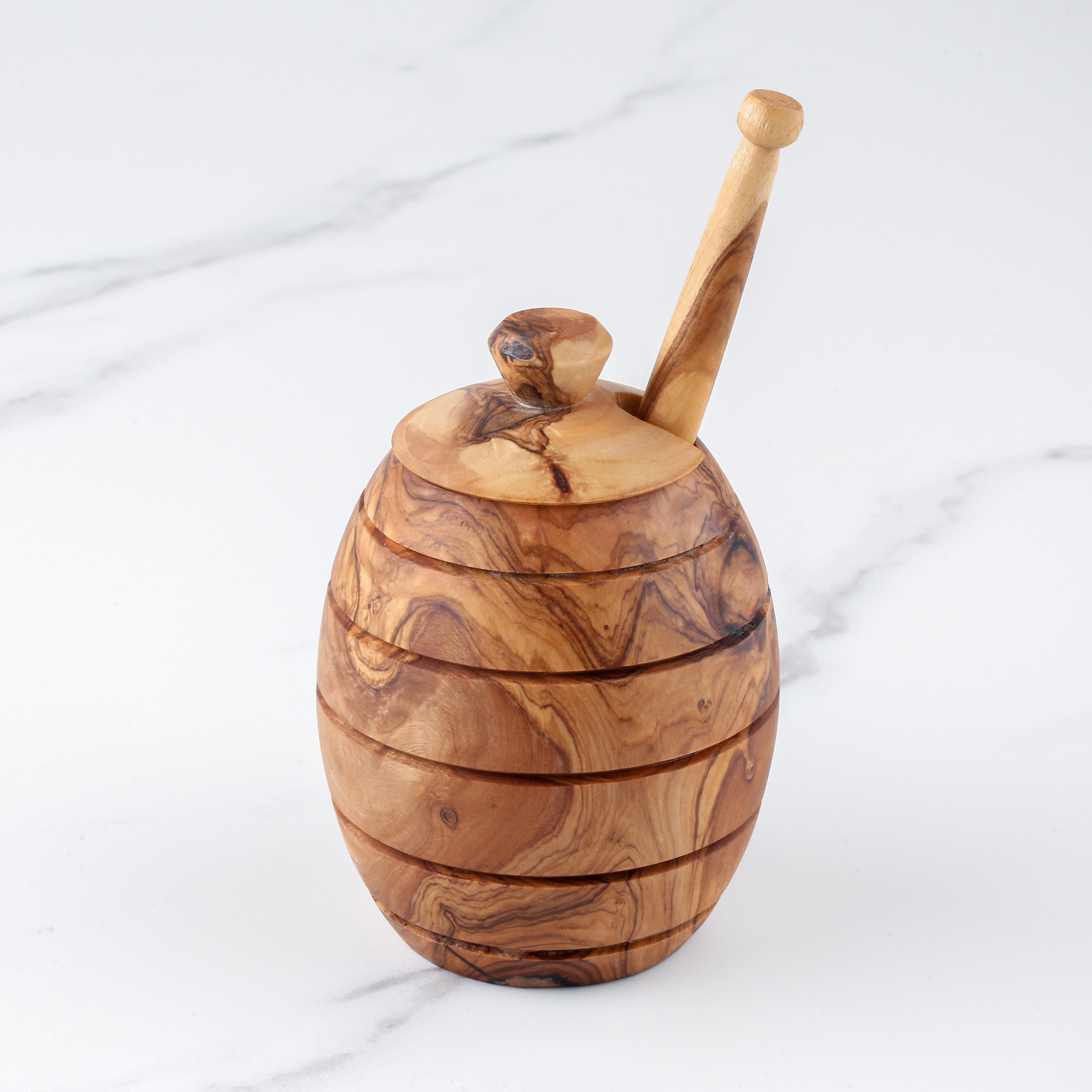 Rustic Olive Wood Honey Jar &amp; Dipper – Hand-Carved