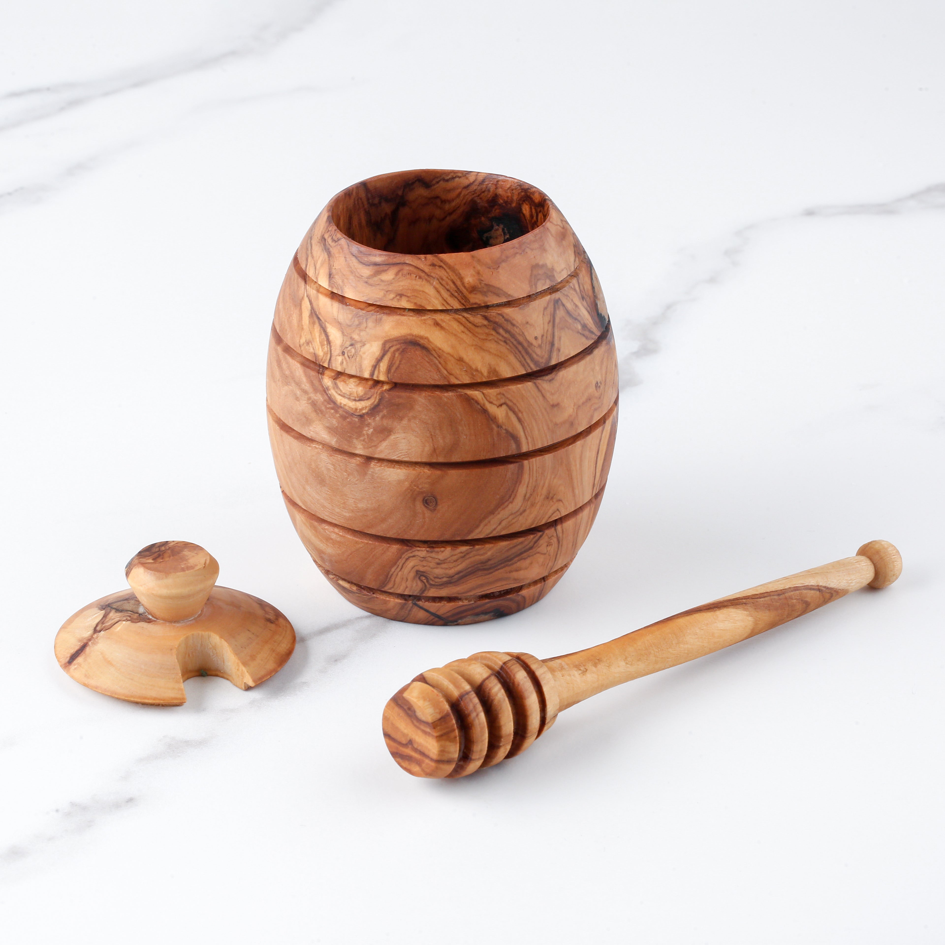 Rustic Olive Wood Honey Jar &amp; Dipper – Hand-Carved