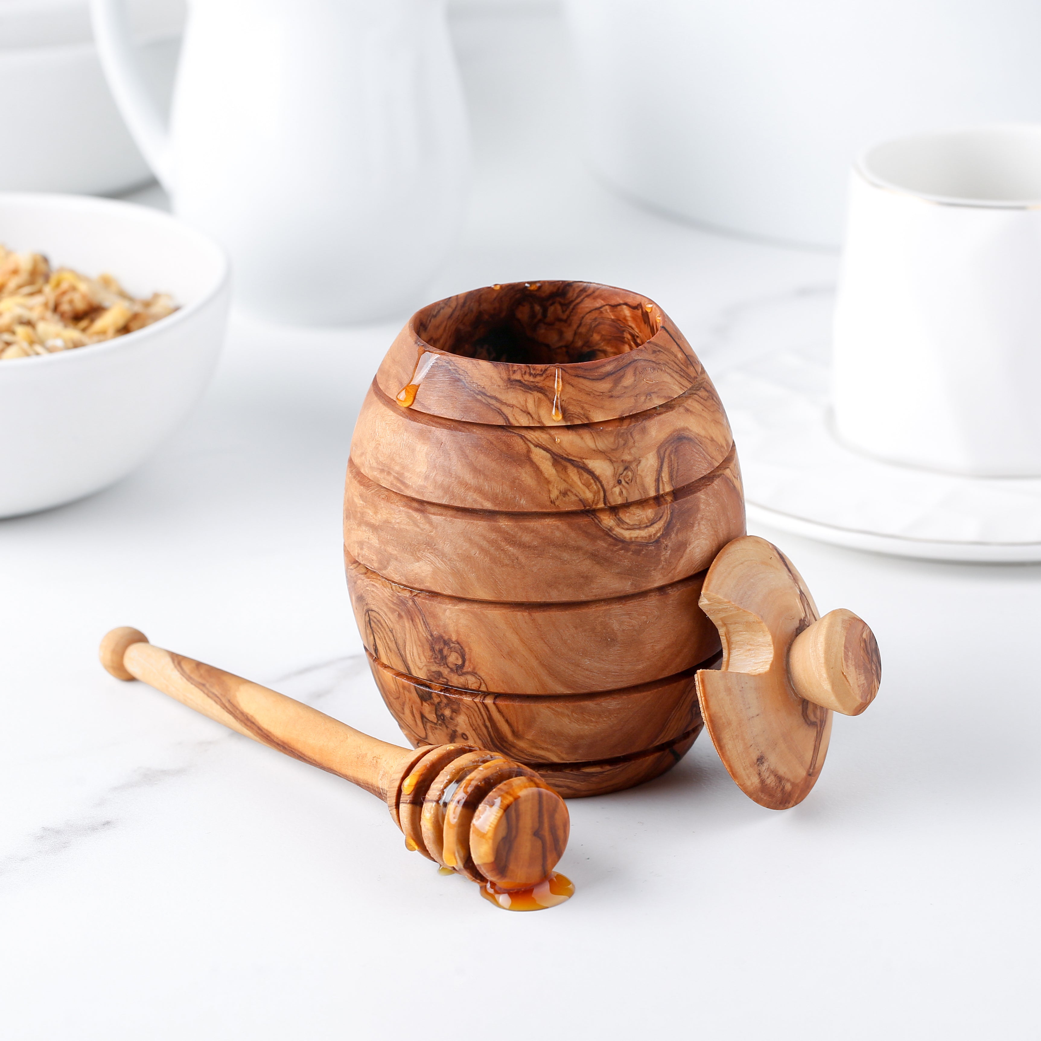 Rustic Olive Wood Honey Jar &amp; Dipper – Hand-Carved