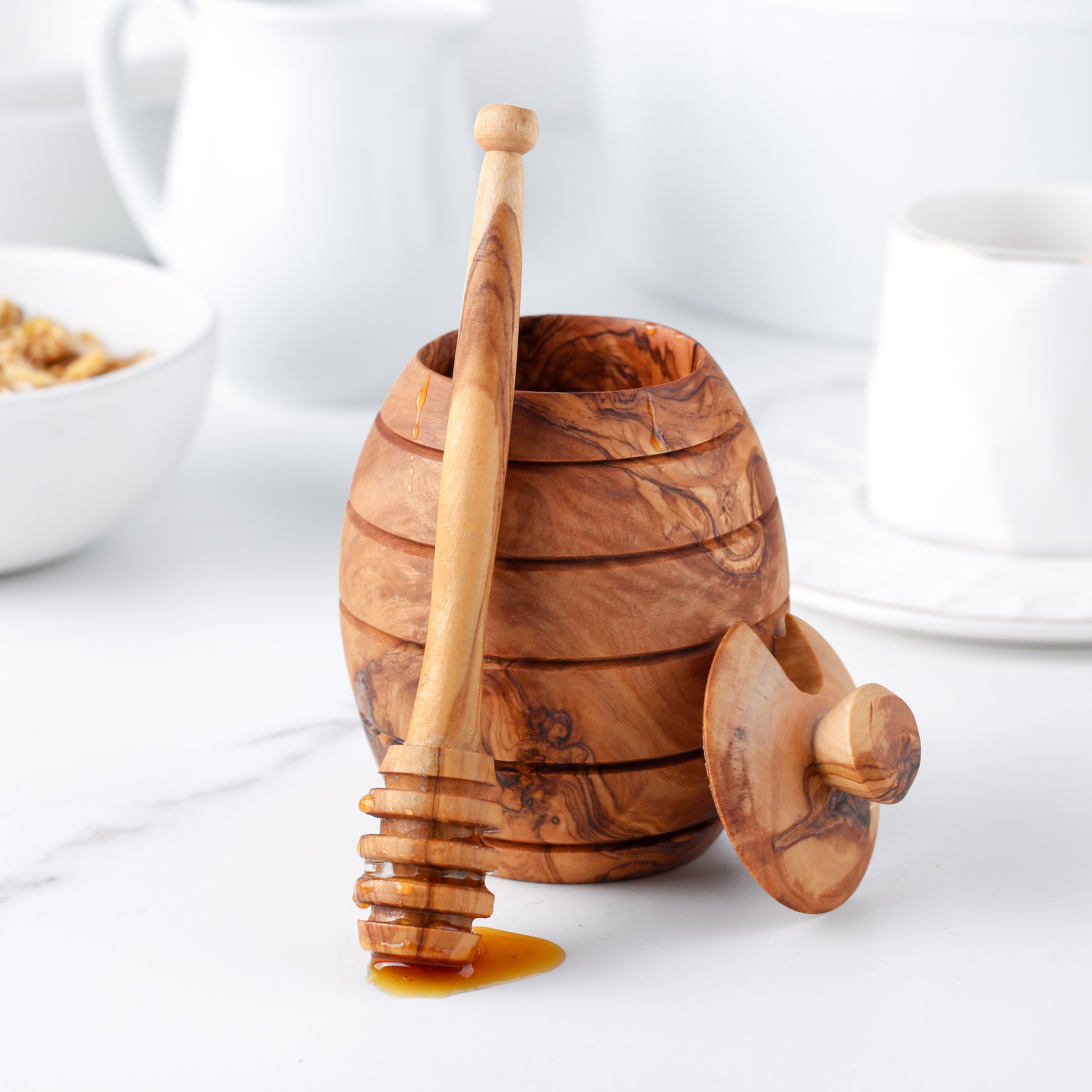 Rustic Olive Wood Honey Jar &amp; Dipper – Hand-Carved