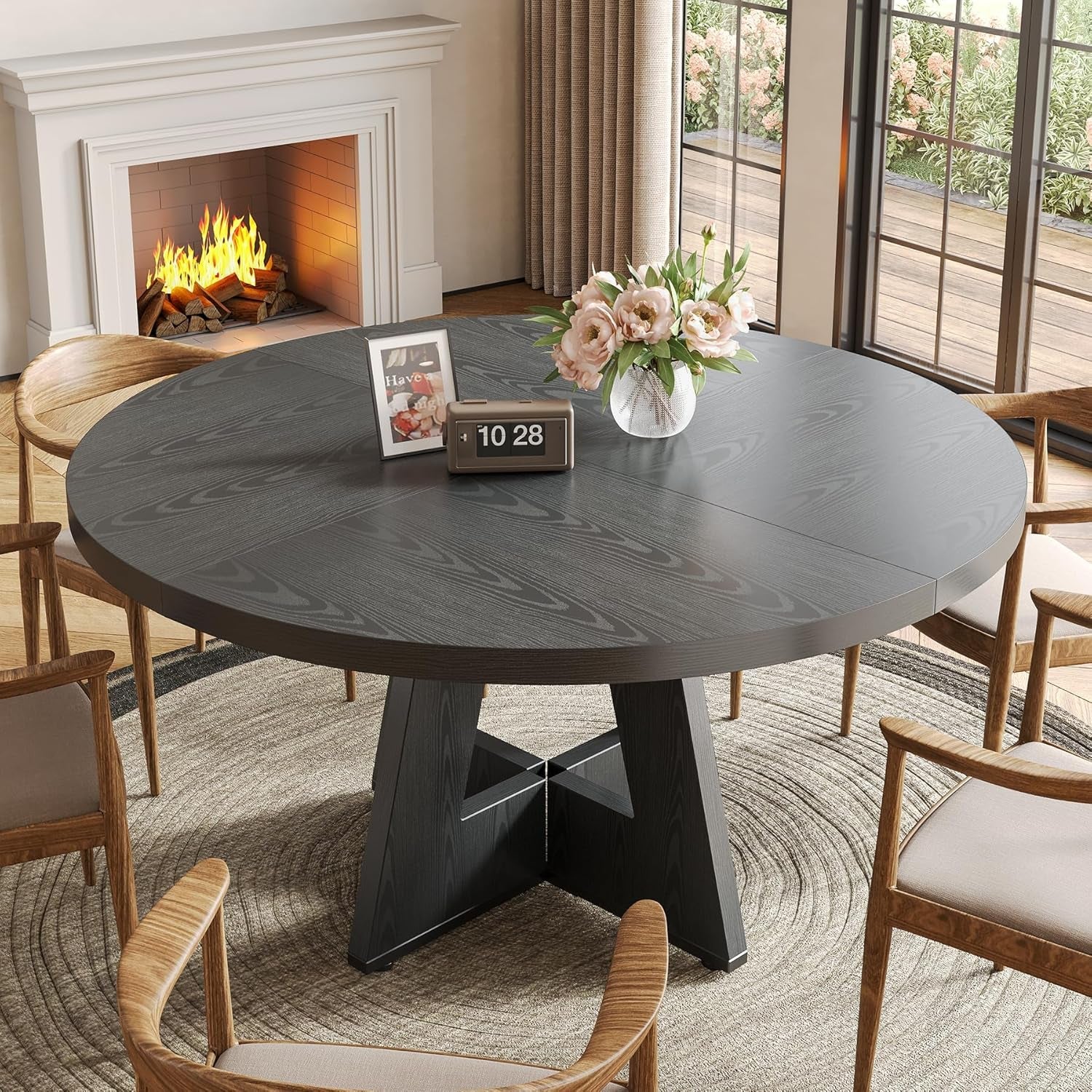 47 Inch Round Dining Table Black With Wooden Pedestal Base
