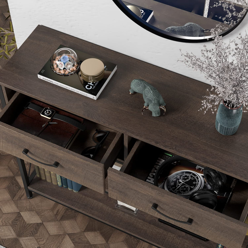 Industrial Dark Brown Sofa Table With Drawers And Shelves