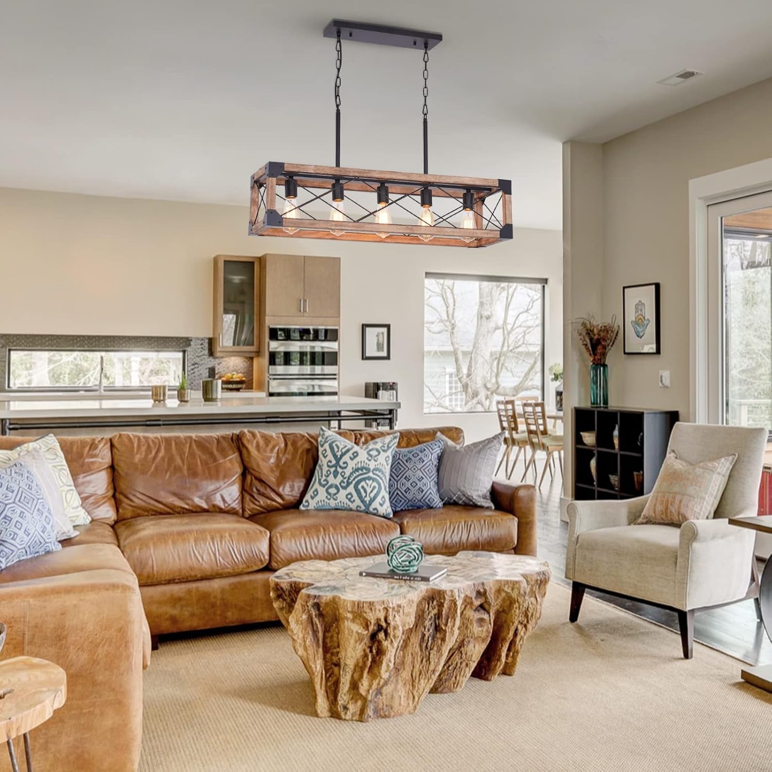 Farmhouse 5 Light Kitchen Island Chandelier With Solid Wood