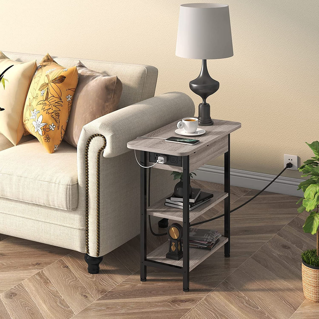 End Table With Vertical Charging Station And USB Outlets Greige