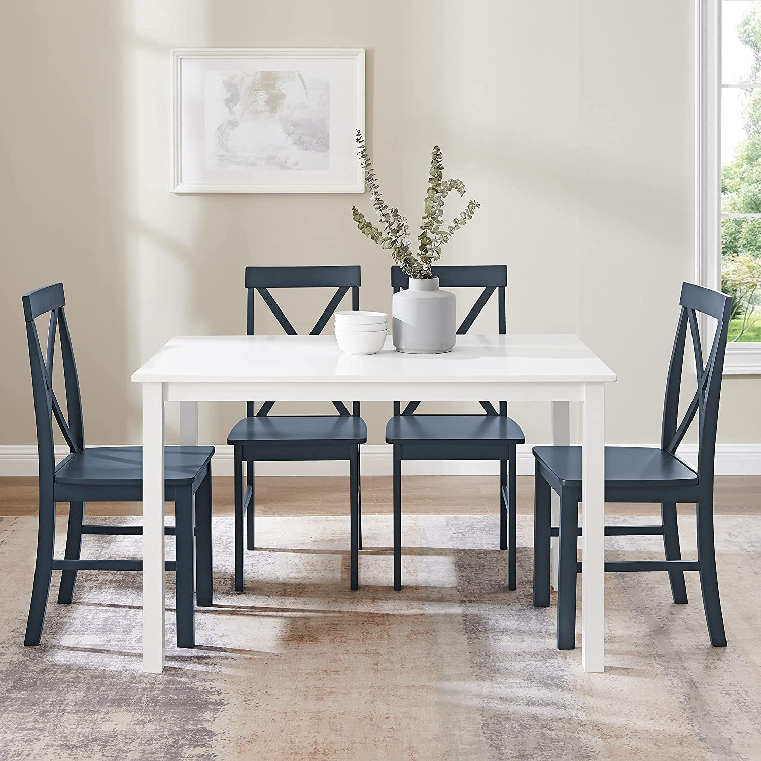Navy Blue Farmhouse Dining Table And X Back Chairs Set