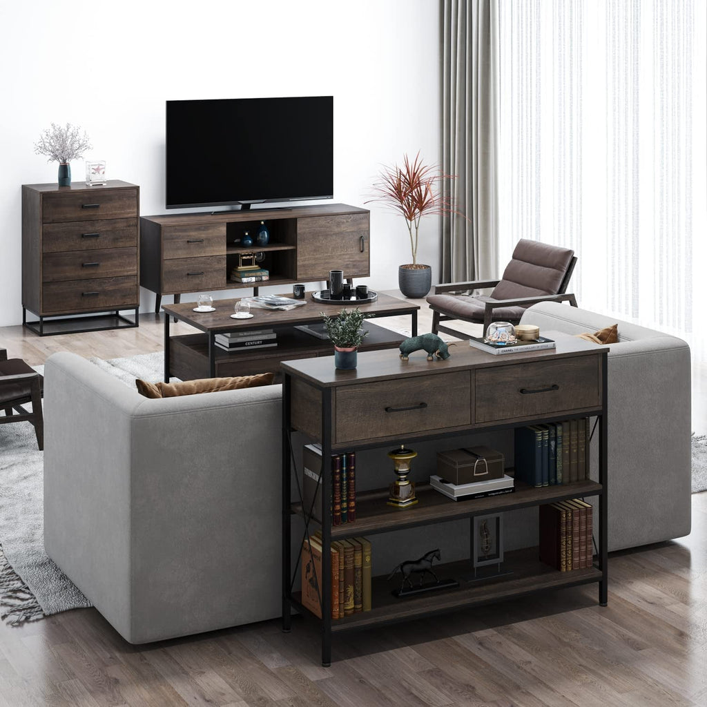 Industrial Dark Brown Sofa Table With Drawers And Shelves