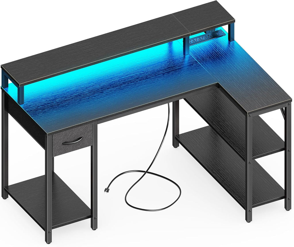 47 Inch L Shaped Desk With LED Lighting And Power Outlets