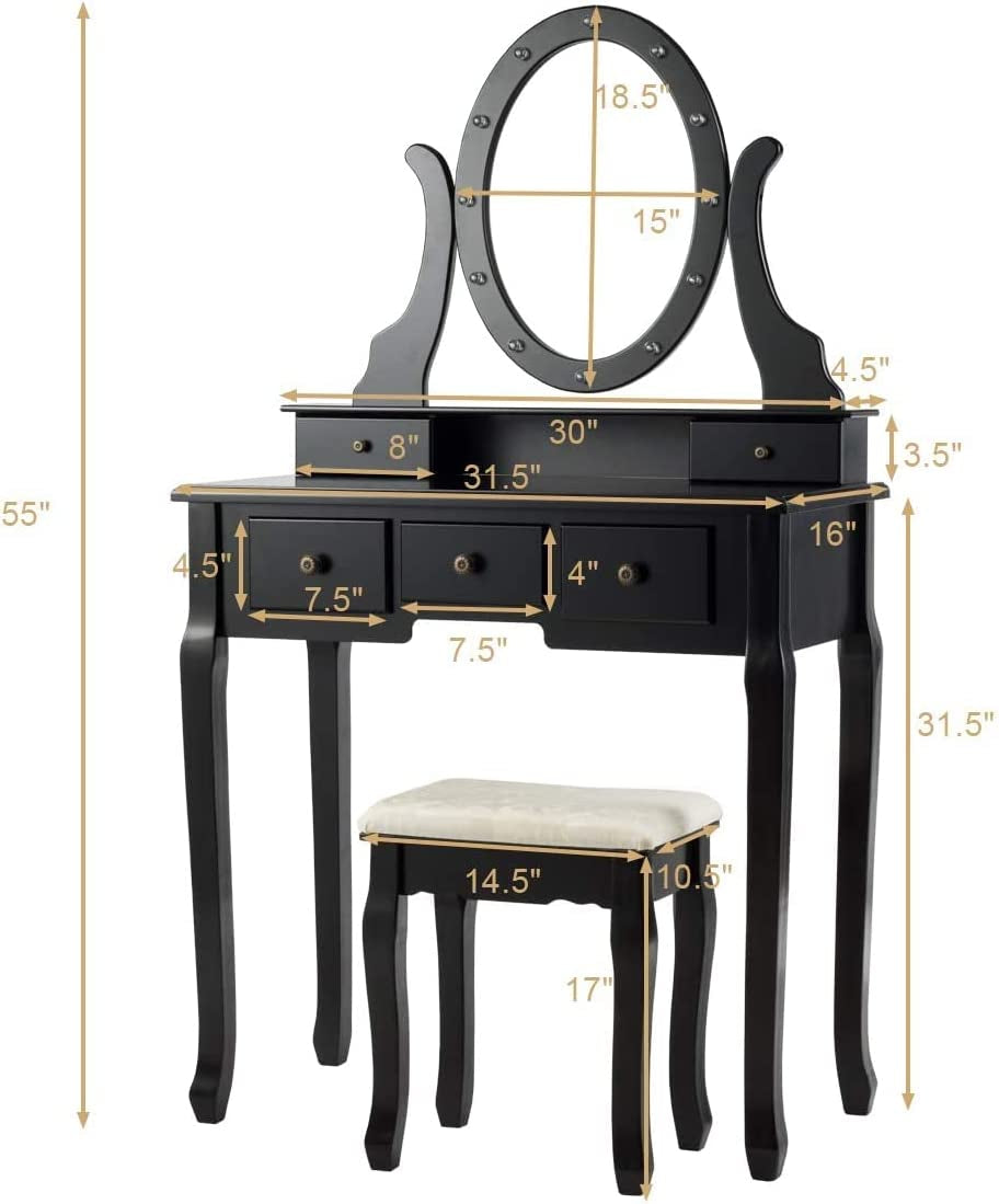 Black Vanity Dressing Table Set With Rotating LED Mirror