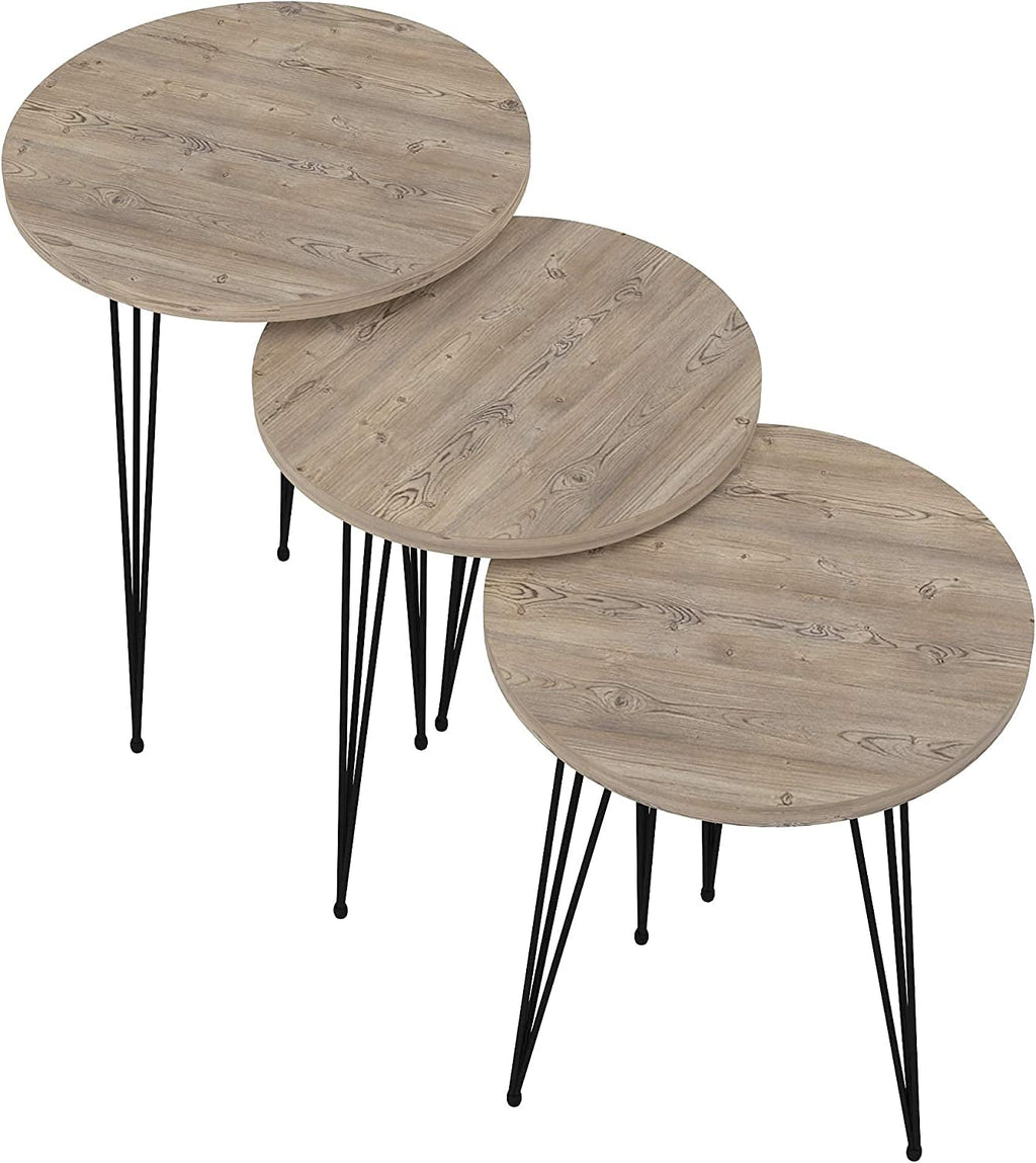 Grey Pine Wood Round Nesting End Tables Set Of 3 With Metal Frame